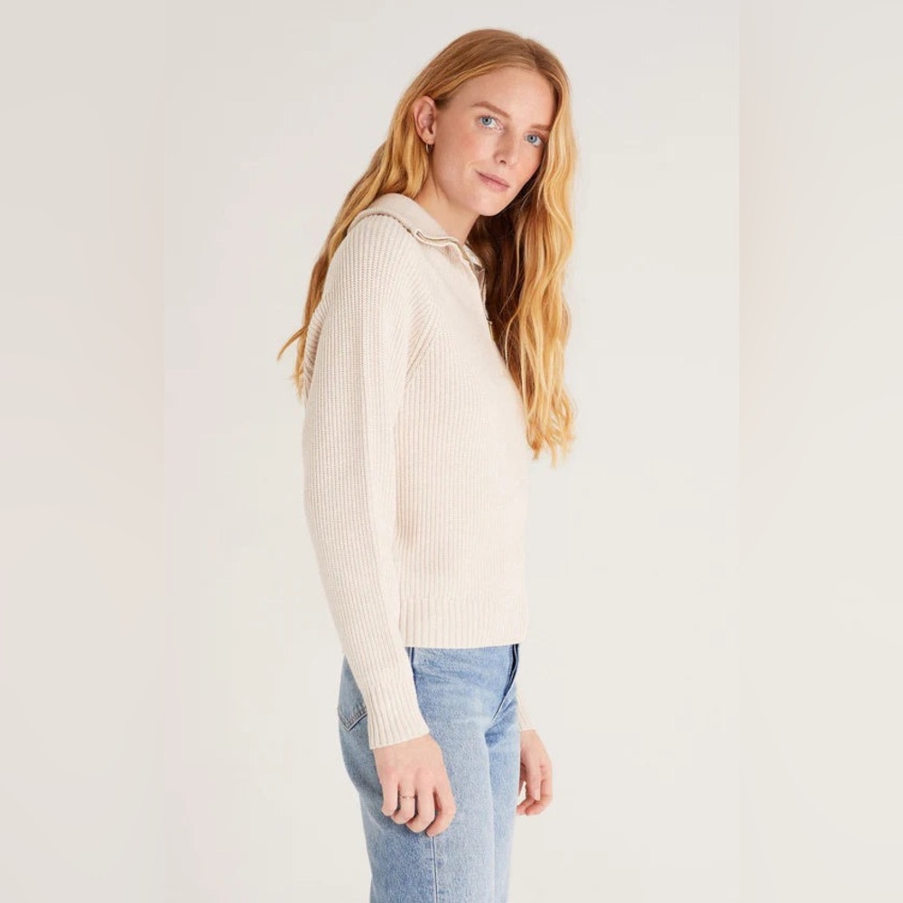 Z-SUPPLY | JAYCE 3/4 ZIP UP OATMEAL SANDSTONE HENLEY COLLAR COZY SWEATER - Picture 4 of 11